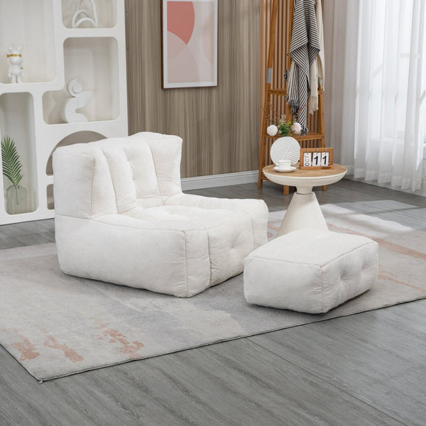 English Elm Fluffy Velvet Bean Bag Lounge Chair with Ottoman Memory Foam Adult Bedroom Seating White W1996131041