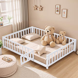 Full Size Floor Platform Bed with Fence and Door For Kids, Montessori Floor Bed Frame with Support Slats For Toddlers, Wooden Floor Bed White