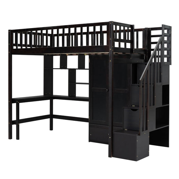 English Elm Twin Loft Bed with Integrated Desk Wardrobe Bookshelf and Storage for Kids Rooms Espresso LT100668AAP