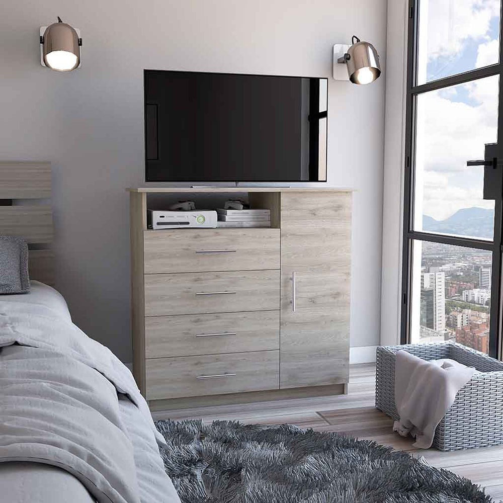 English Elm Dresser Beaufort Light Gray – 4-Drawer & Tall Cabinet Storage, Open Shelf, Durable Particleboard Finish B092S00058