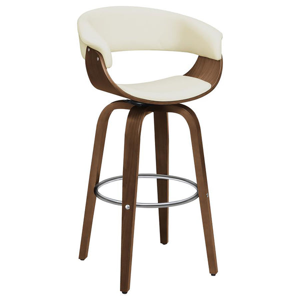 English Elm Walnut Mid-Century Swivel Bar Stool with Ecru Faux Leather Back Walnut Finish Chrome Base Glamorous Comfort B062S00271