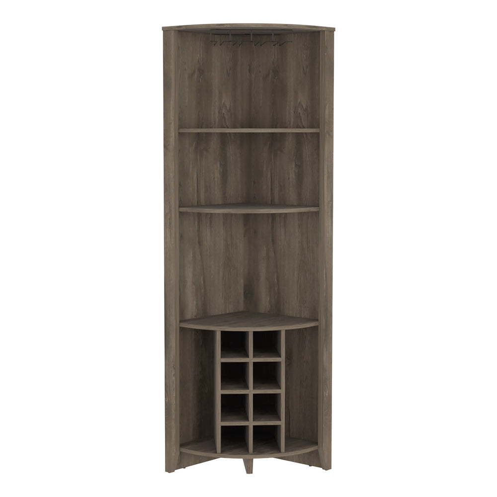English Elm Corner Bar Cabinet Castle Dark Brown Corner Wine Rack with Cup Holder, 8 Cubbies, Shelves, Durable Finish B092S00036