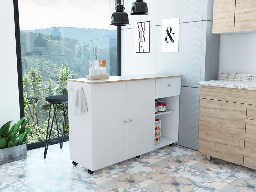 English Elm Kitchen Island Cart Indiana White & Light Oak — Narrow 53"x18" Counter, Open Shelves, Towel Bars, Locking Casters for Mobile Durability B092S00063