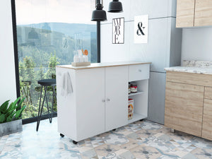 English Elm Kitchen Island Cart Indiana White & Light Oak — Narrow 53"x18" Counter, Open Shelves, Towel Bars, Locking Casters for Mobile Durability B092S00063