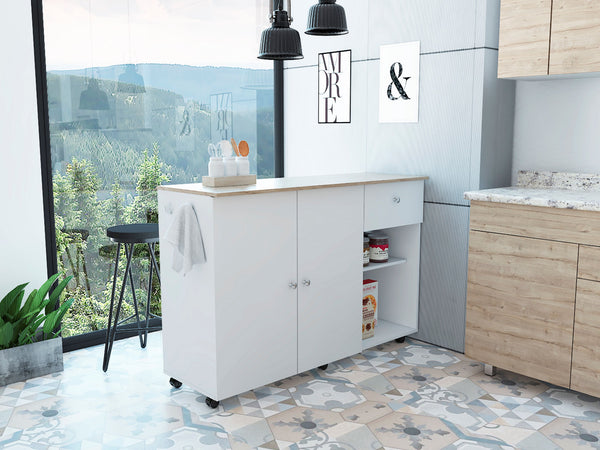 English Elm Kitchen Island Cart Indiana White & Light Oak — Narrow 53"x18" Counter, Open Shelves, Towel Bars, Locking Casters for Mobile Durability B092S00063