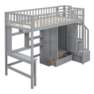 English Elm Twin Loft Bed with Integrated Desk Wardrobe Bookshelf and Storage for Kids Rooms Gray LT100668AAE