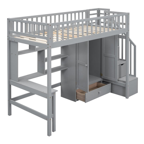English Elm Twin Loft Bed with Integrated Desk Wardrobe Bookshelf and Storage for Kids Rooms Gray LT100668AAE