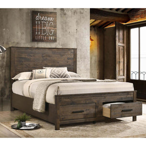 English Elm Rustic Golden Brown Queen Platform Storage Bed with Plank Headboard, 2 Drawers, Solid Hardwood Craftsmanship B062S00265