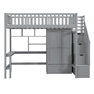 English Elm Twin Loft Bed with Integrated Desk Wardrobe Bookshelf and Storage for Kids Rooms Gray LT100668AAE