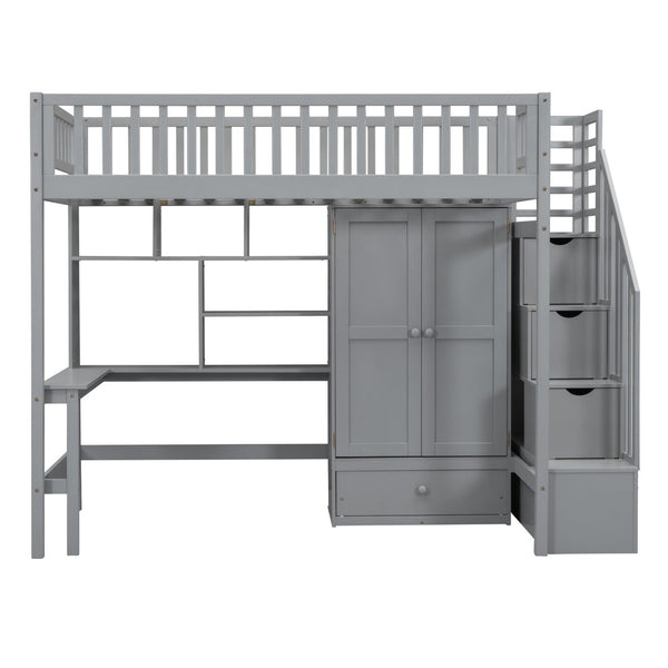 English Elm Twin Loft Bed with Integrated Desk Wardrobe Bookshelf and Storage for Kids Rooms Gray LT100668AAE