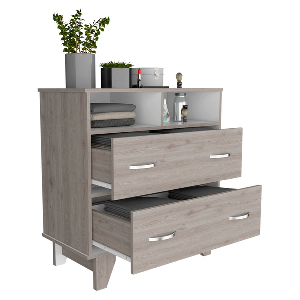 English Elm Double Double Drawer Dresser Arabi Light Gray/White - Durable Particle Board, Two Shelves & Drawers, Stylish Bedroom Storage B092S00008