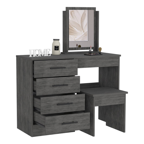 English Elm Makeup Roxx Dressing Table in Smokey Oak Gray with Mirror, Stool & 4 Drawers — Durable Particleboard B092S00119