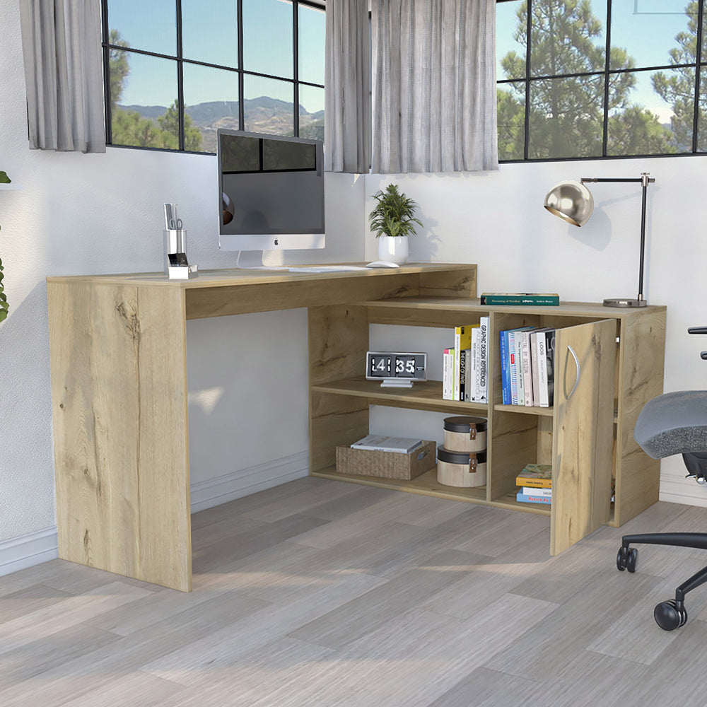 English Elm L-Shaped Corner Desk Desti in Light Oak — Spacious 59.6"W Workstation with Shelves & Cabinet, Durable B092S00051