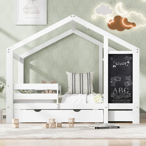 English Elm Twin House Bed with Chalkboard, Built-In Drawers & 350lb Capacity, Pine/Plywood Twin Loft Style AA20571415W