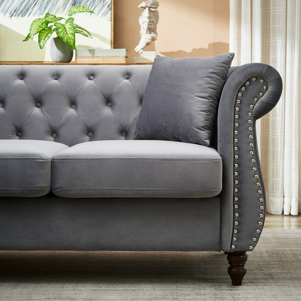English Elm 83.5-inch L-shaped Sectional Sofa Five Seat Corner Couch with Chesterfield Inspired Style Gray W834S00602