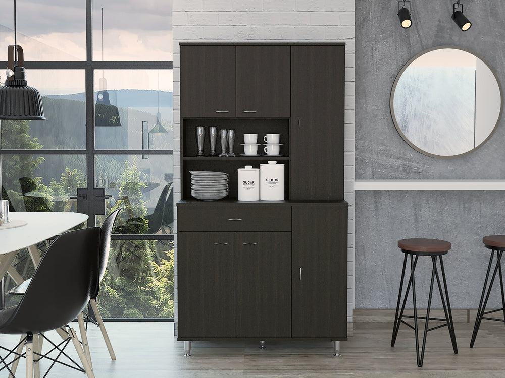 English Elm Kitchen Pantry Piacenza Black – Space-Saving Particle Board Cabinet with 6 Doors, 10 Shelves & Drawer B092S00102