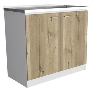 English Elm Utility Sink Cabinet Freestanding Stainless Steel Basin White Farmhouse Storage B092S00033