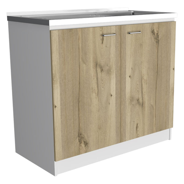 English Elm Utility Sink Cabinet Freestanding Stainless Steel Basin White Farmhouse Storage B092S00033
