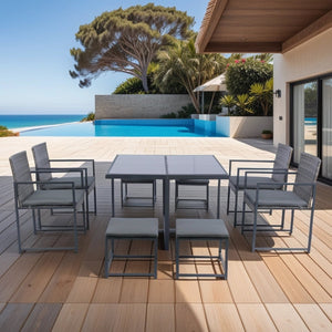 English Elm 9 Patio Dining Set - Space-Saving Rattan Outdoor 9-Piece with Glass Top, Grey Wicker & Cushions W329S00041