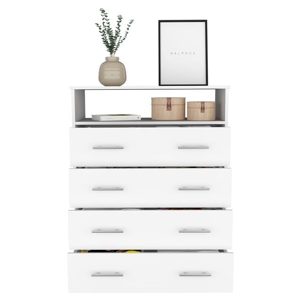 English Elm Four Drawer Dresser Wuju White - Durable Particle Board, 4 Spacious Drawers, Open Shelf, Metal Hardware, 47"L x 21"W B092S00111