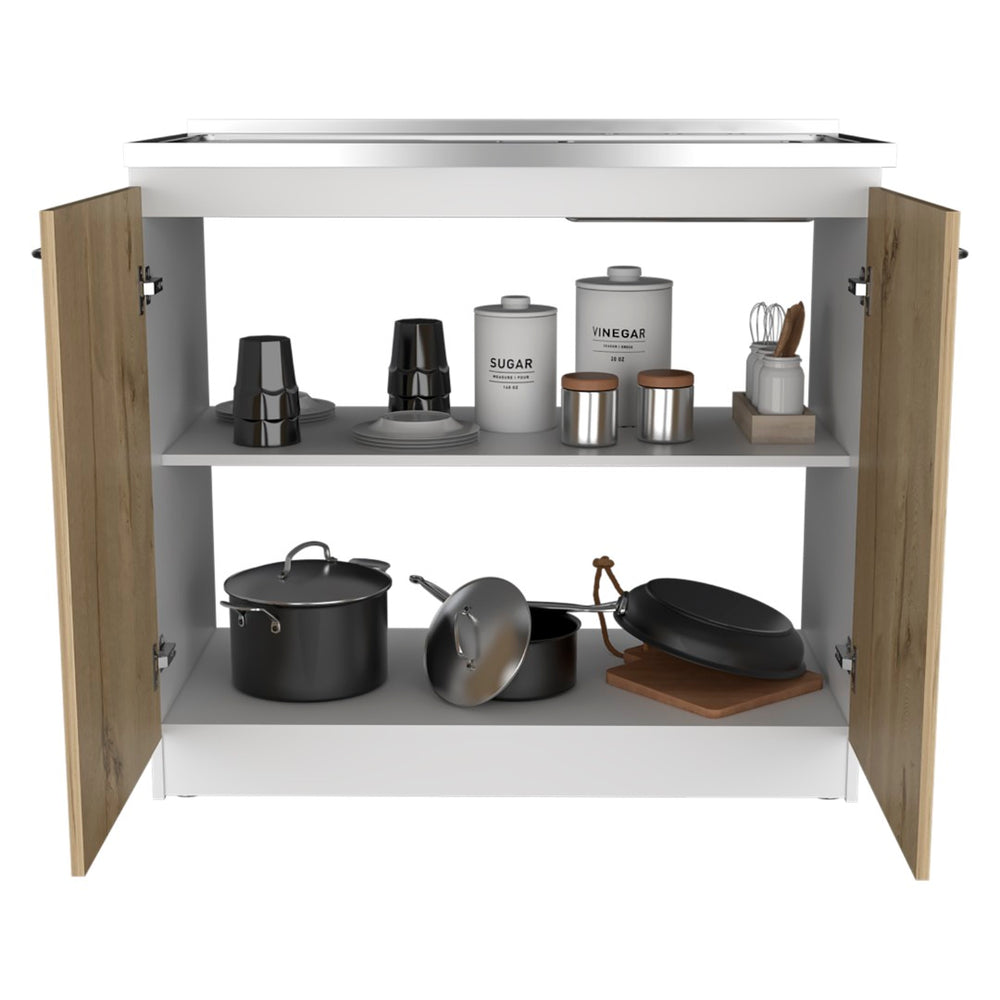 English Elm Utility Sink Cabinet Freestanding Stainless Steel Basin White Farmhouse Storage B092S00033