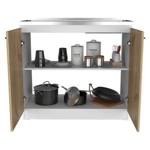 English Elm Utility Sink Cabinet Freestanding Stainless Steel Basin White Farmhouse Storage B092S00033