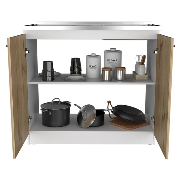 English Elm Utility Sink Cabinet Freestanding Stainless Steel Basin White Farmhouse Storage B092S00033
