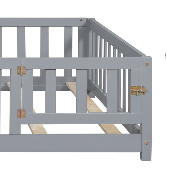 English Elm Full Full Size Floor Platform Bed with Safety Fence and Door, Montessori Toddler Frame with Slats, Sturdy Pine Construction for Secure Sleep and Playtime Grey 77.76 L x 17.52 W x 6.3 H W1716132148