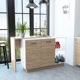 Kitchen Island Ohio in White/Light Oak | Modern Design, 3 Interior Shelves, 2 Open Shelves, 23.60 x 59.00 x 35.40