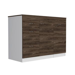 English Elm Kitchen Island Metask White & Dark Walnut with 3 Drawers, Flexible Cabinet, Durable Particleboard Countertop 90" B092S00080