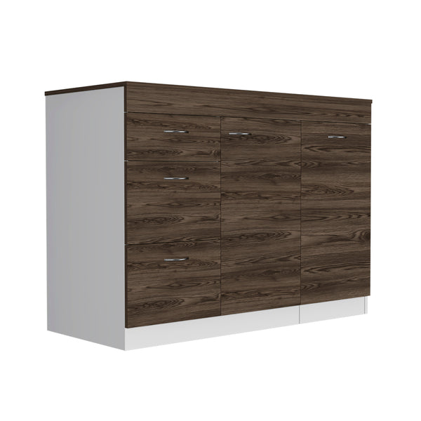 English Elm Kitchen Island Metask White & Dark Walnut with 3 Drawers, Flexible Cabinet, Durable Particleboard Countertop 90" B092S00080
