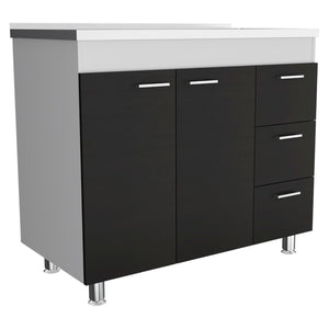 English Elm Utility Sink Cabinet Freestanding Stainless Steel Basin White Farmhouse Storage B092S00067