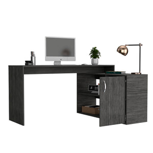 English Elm L-Shaped Corner Desk Desti Smokey Oak Gray – Spacious 59.6"W Workstation, Cabinet & Open Shelves, Durable Particleboard B092S00052