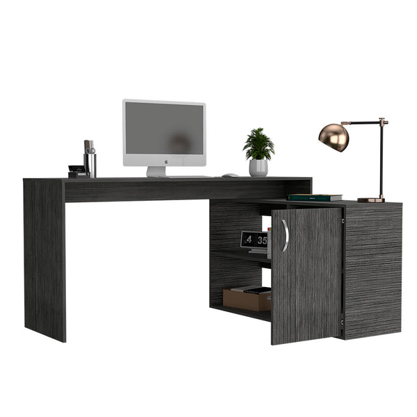 English Elm L-Shaped Corner Desk Desti Smokey Oak Gray – Spacious 59.6"W Workstation, Cabinet & Open Shelves, Durable Particleboard B092S00052