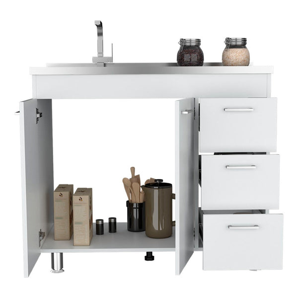 English Elm Utility Sink Cabinet Freestanding Stainless Steel Basin White Farmhouse Storage B092S00066