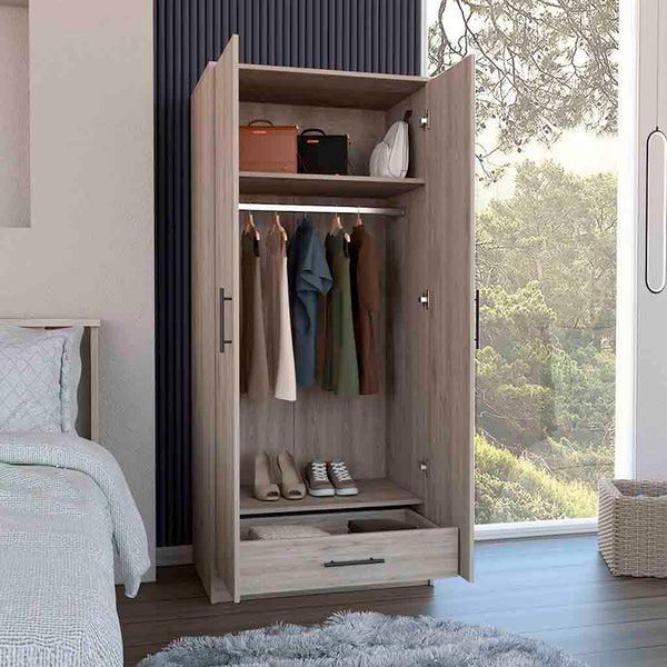 English Elm 180 Armoire Beery Light Gray Bedroom Closet Organizer 71" High Spacious Shelf Rod Drawer Durable Finish B092S00019