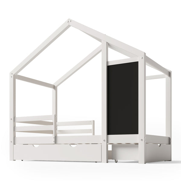 English Elm Twin House Bed with Chalkboard, Built-In Drawers & 350lb Capacity, Pine/Plywood Twin Loft Style AA20571415W