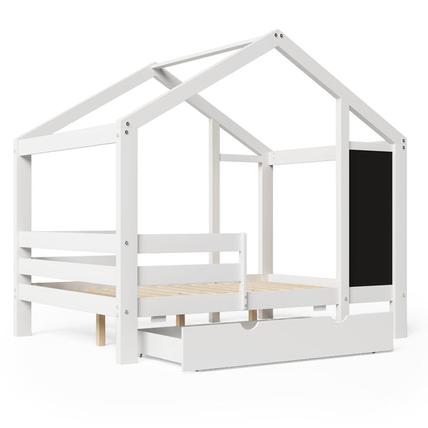 English Elm Full Full House Bed with Blackboard & Storage Drawers, Pine/Plywood, 550lb Capacity, White Finish AA20571617W