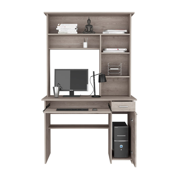 English Elm Computer Desk Acequia Light Gray with Hutch, Spacious Shelves, Durable Particle Board, 43.3"W Surface B092S00139