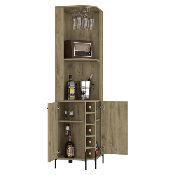 English Elm Corner Corner Bar Cabinet Shopron Aged Oak Beige - Space-Saving Wine Rack, Cup Holder, Dual Cabinets and Shelves for Living Room (44x22x3) B092S00120