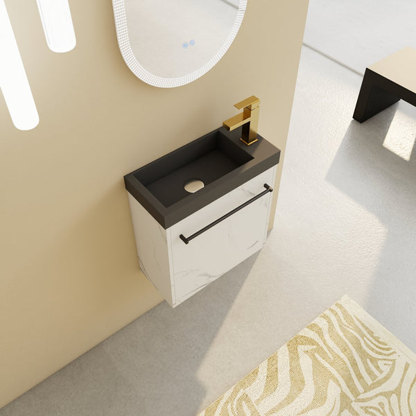 English Elm 20'' Floating Wall-Mounted Vanity with Resin Sink, Soft-Close Door & Open Shelves for Compact Baths White+Black W999P143207