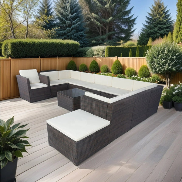 English Elm 11 Piece Patio Wicker Conversation Set with 10 Seats, Modular Layout, 3 Under-Seat Storage Boxes, Brown Wicker White Cushions W329S00047