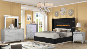 English Elm LIZZELLE Queen 5PC Bedroom Set with LED Fireplace Headboard, Bluetooth Speakers, Velvet Upholstery B009S01243
