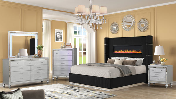 English Elm LIZZELLE Queen 5PC Bedroom Set with LED Fireplace Headboard, Bluetooth Speakers, Velvet Upholstery B009S01243