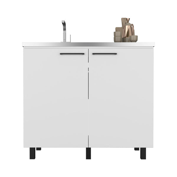 English Elm Utility Sink Cabinet Stainless Steel Basin Freestanding Farmhouse Storage Unit B092S00151