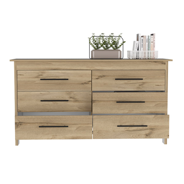 English Elm 6 Drawer Double Dresser Wezz Light Oak White – Durable Particleboard, Black Metal Pulls & Smooth All-Metal Glides B092S00142