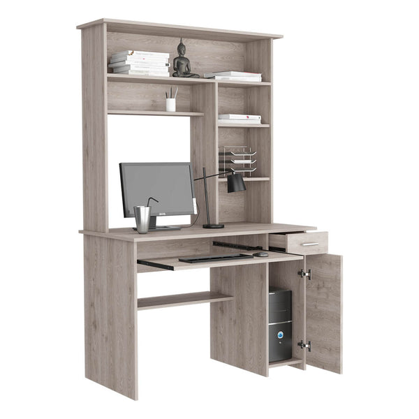 English Elm Computer Desk Acequia Light Gray with Hutch, Spacious Shelves, Durable Particle Board, 43.3"W Surface B092S00139