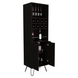 English Elm H Bar Cabinet Silhill Black - Modern Living Room Drink Storage Cabinet with 8 Open Shelves, 2 Interior Doors, Steel Legs B092S00121