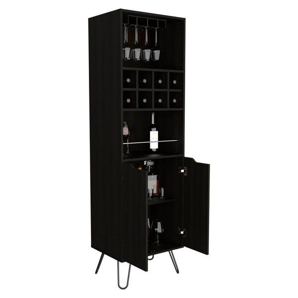 English Elm H Bar Cabinet Silhill Black - Modern Living Room Drink Storage Cabinet with 8 Open Shelves, 2 Interior Doors, Steel Legs B092S00121