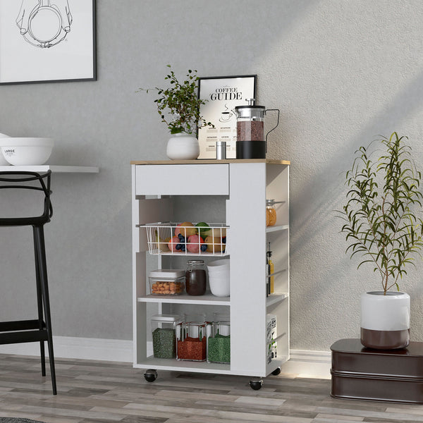 English Elm Kitchen Cart Sonex White & Light Oak — Mobile Kitchen Storage with Drawer, Two Shelves, Rack, Casters, Durable Particleboard (16x14x5) B092S00125